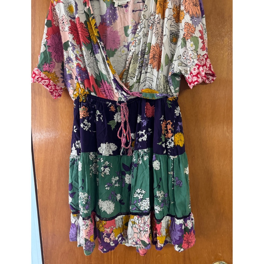 Anthropologie Floral Patchwork Tiered Mini Dress Small Multi Color Modal Boho - Picture 4 of 8